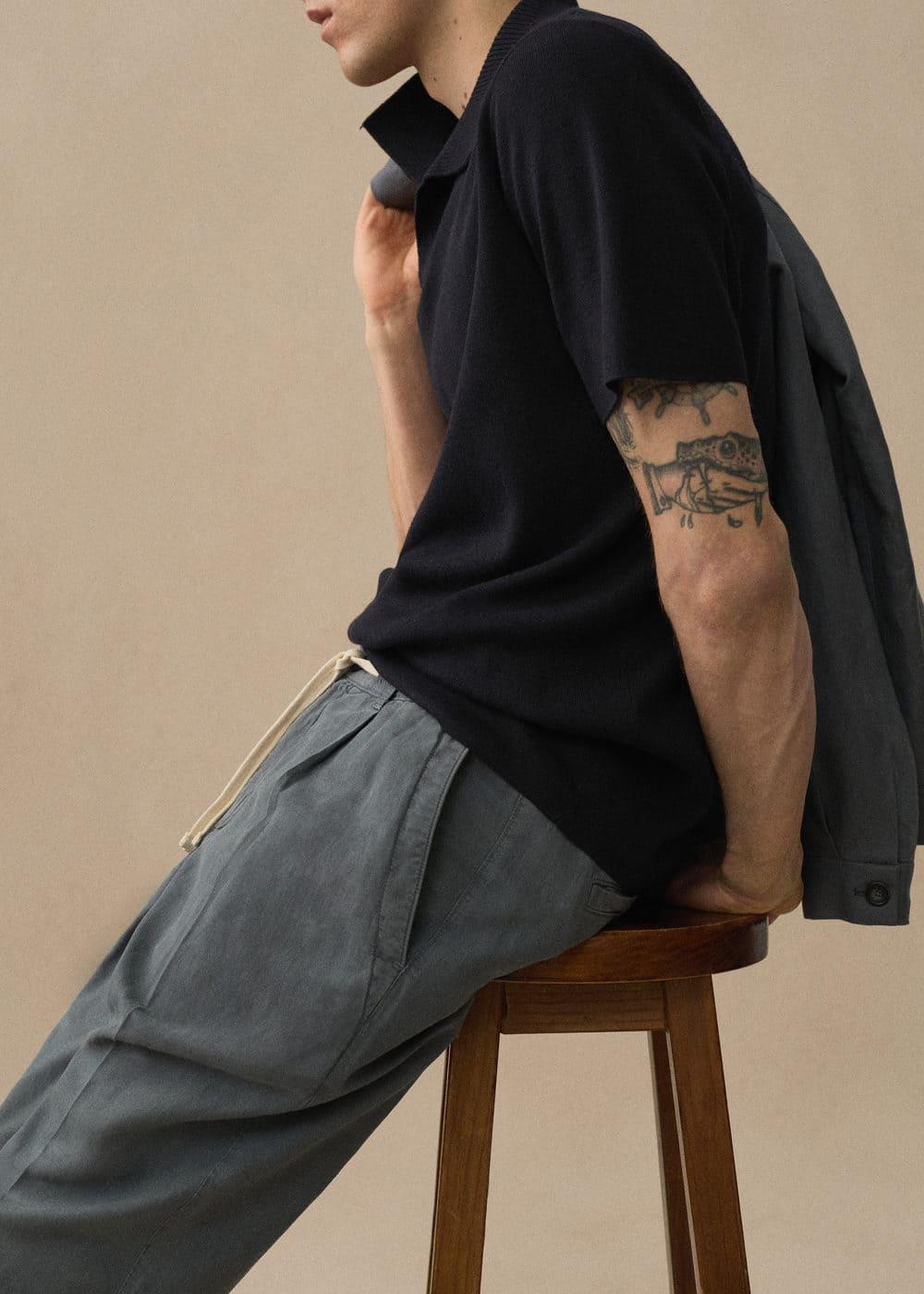 MANGO MAN - Linen-blend slim-fit pants with drawstring indigo blueMen Product Image