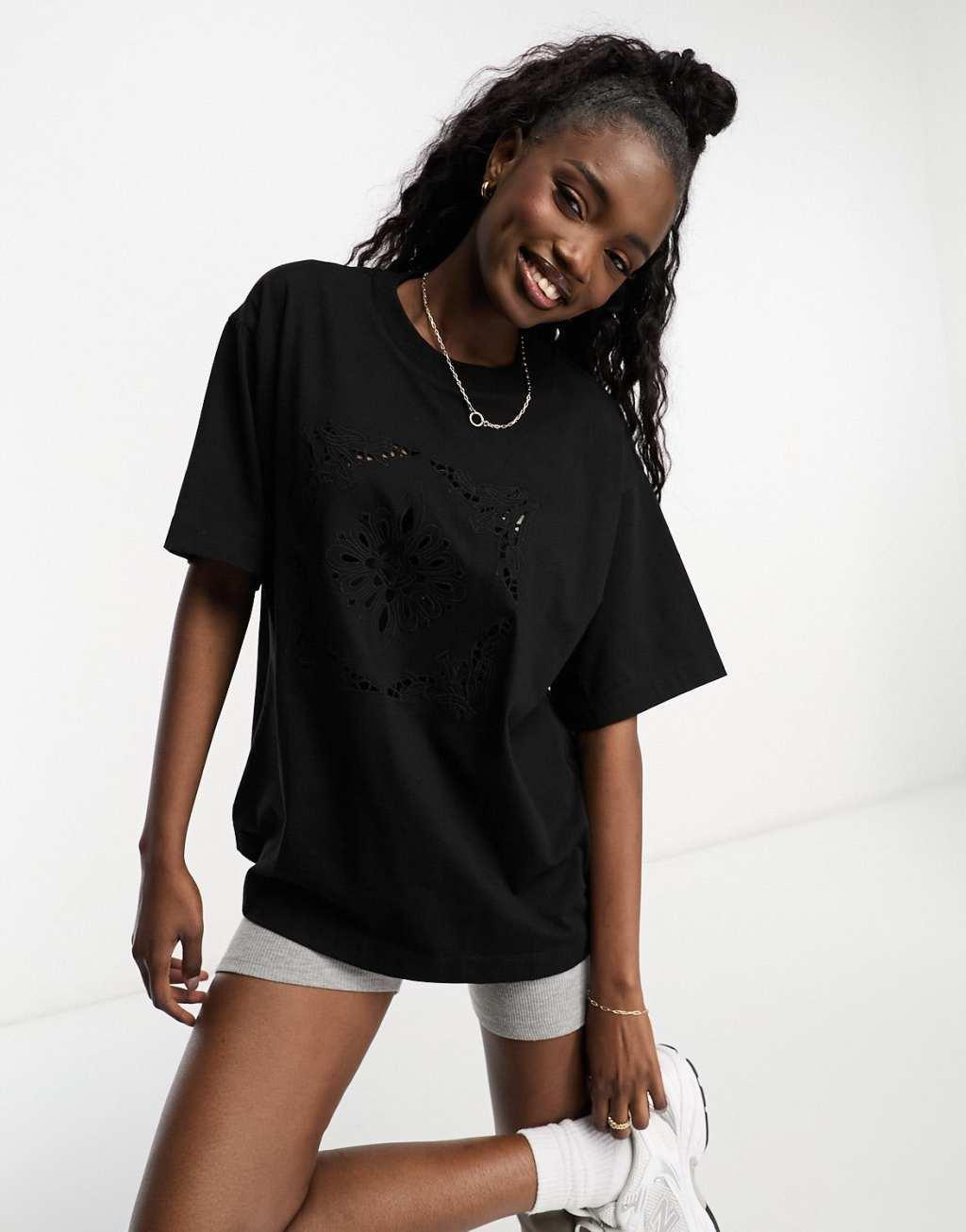 ASOS DESIGN Oversized t-shirt in embroidered cutwork in black product image