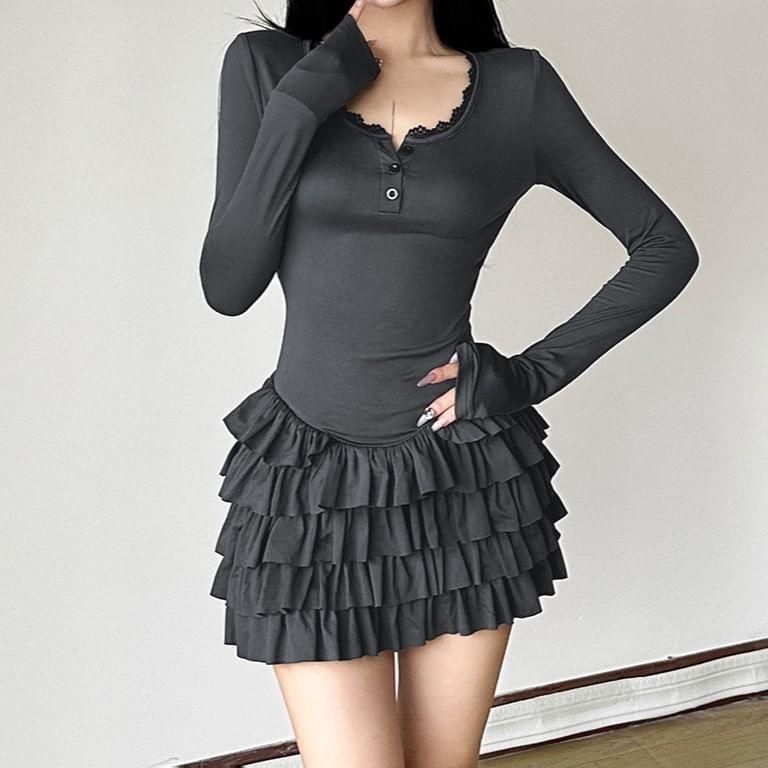 Long-Sleeve V-Neck Plain Mini Tiered Dress Product Image