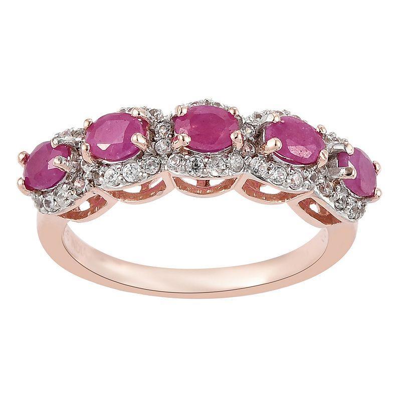 14k Rose Gold Over Silver Oval Ruby & White Zircon Accent 5-Stone Ring, Womens Pink Tone Product Image