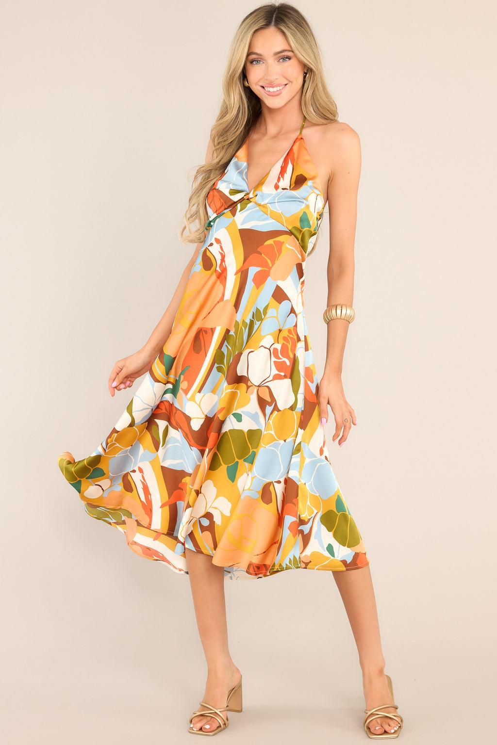 Ultimate Getaway Orangeade Tropical Print Halter Midi Dress Product Image