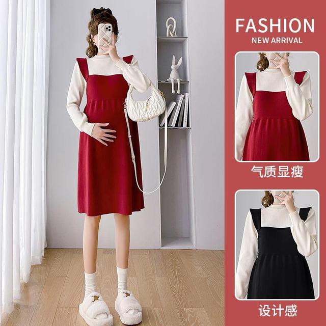 Maternity Long-Sleeve Mock Neck Mock Two Piece Ruffle Trim A-Line Dress (Various Designs) Product Image