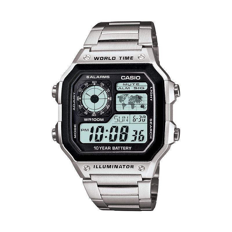 Casio World Time Stainless Steel Digital Chronograph Watch - AE1200WHD-1A - Men, Mens, Gray Product Image