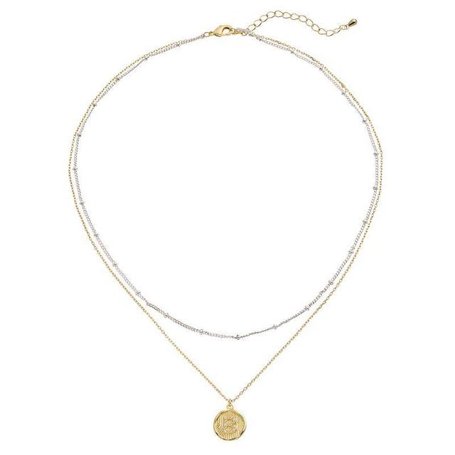 City Luxe Two Tone Layered Initial Disc Necklace with Cubic Zirconia, Womens Two Tone A Product Image