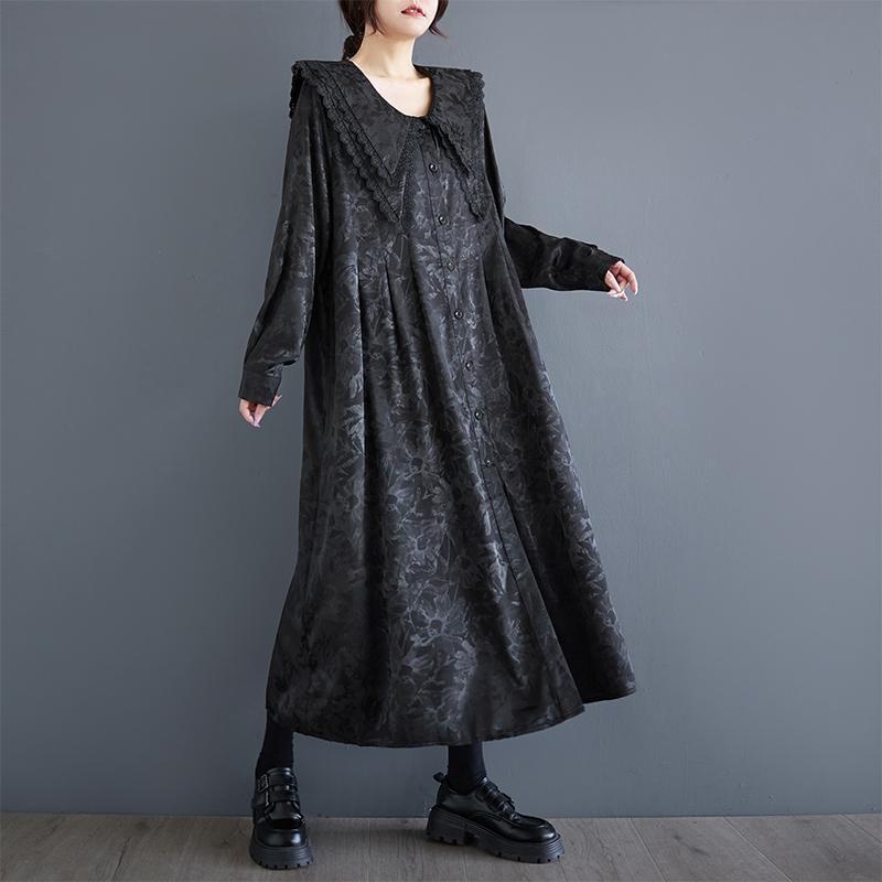 Long-Sleeve Collared Jacquard Midi A-Line Dress Product Image