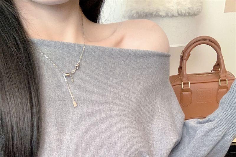 Long-Sleeve Off-Shoulder Plain Sweater Product Image