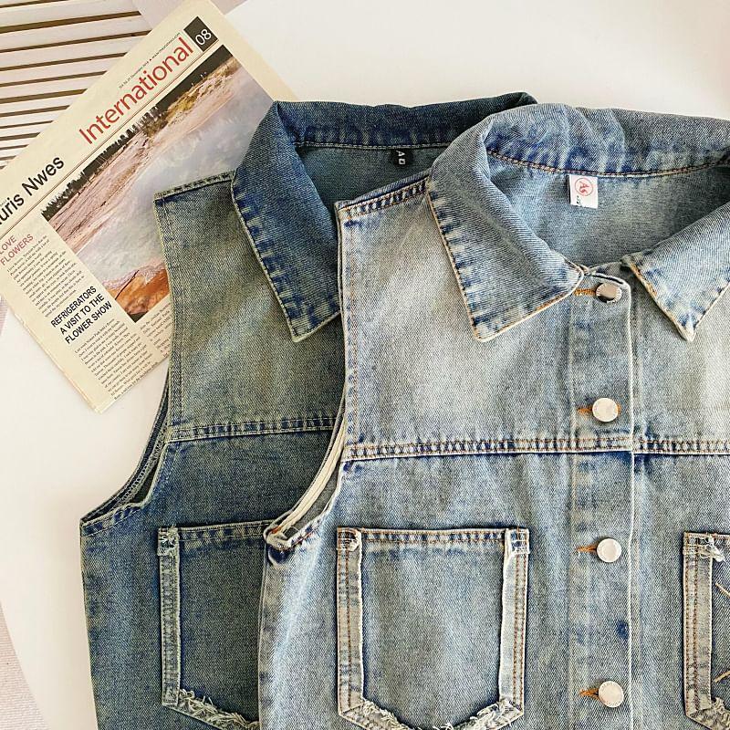 Sleeveless Collared Washed Denim Cropped Vest Product Image