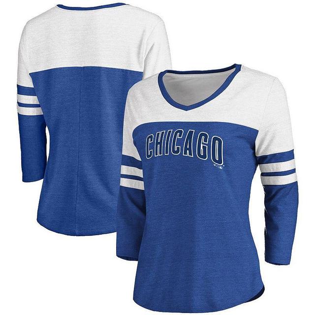 Womens Fanatics Branded Heathered Royal/White Chicago Cubs Official Wordmark 3/4 Sleeve V-Neck T-Shirt Product Image