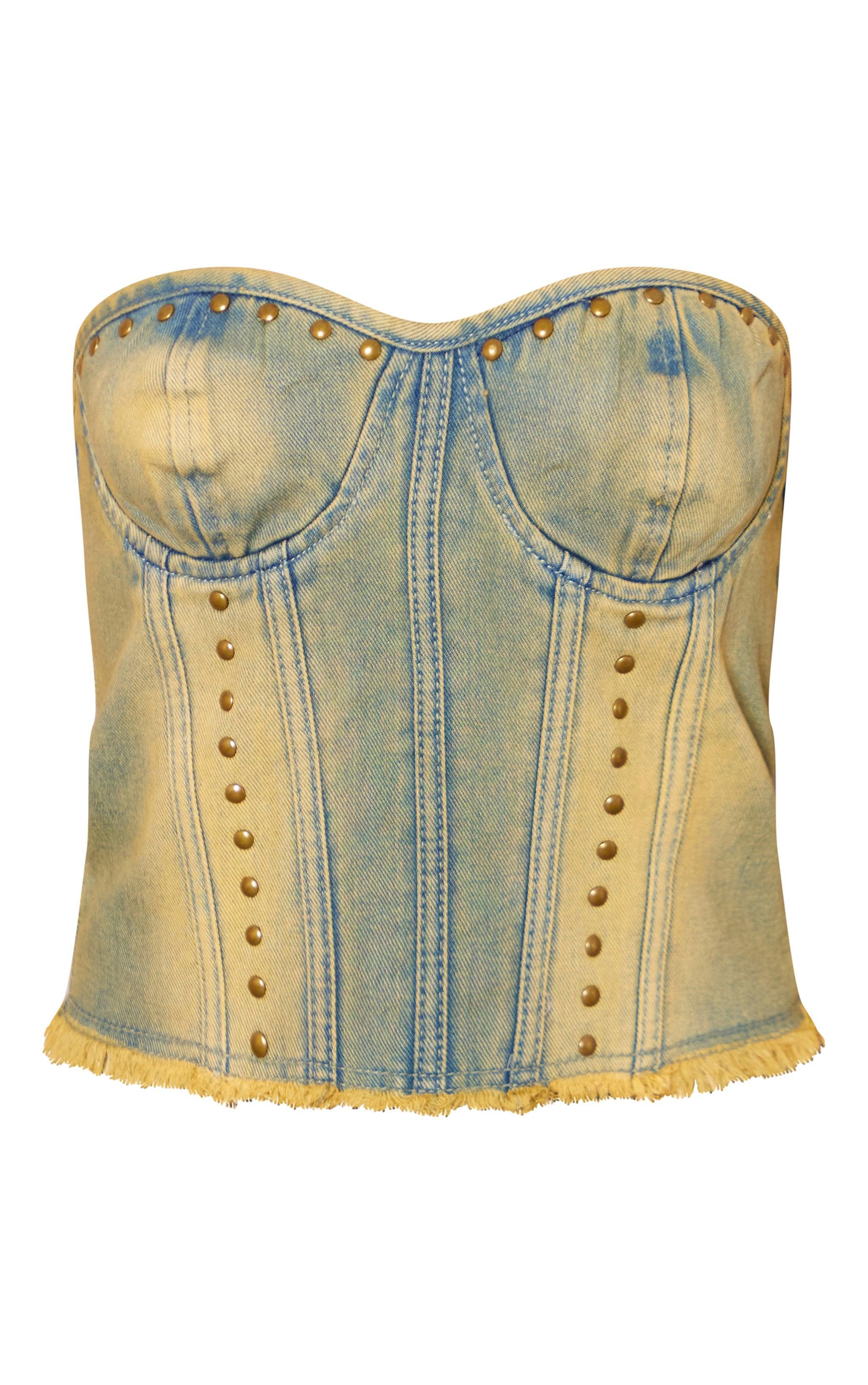 Vintage Studded Raw Hem Bandeau Denim Crop Top Product Image