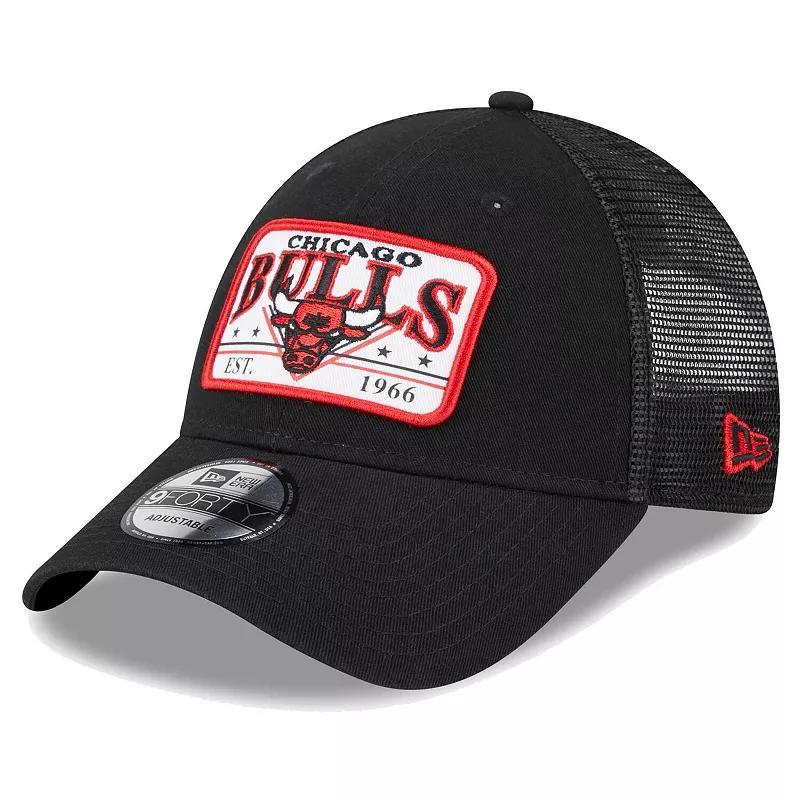 Mens New Era Chicago Bulls Plate Oversized Patch Trucker 9FORTY Adjustable Hat Product Image