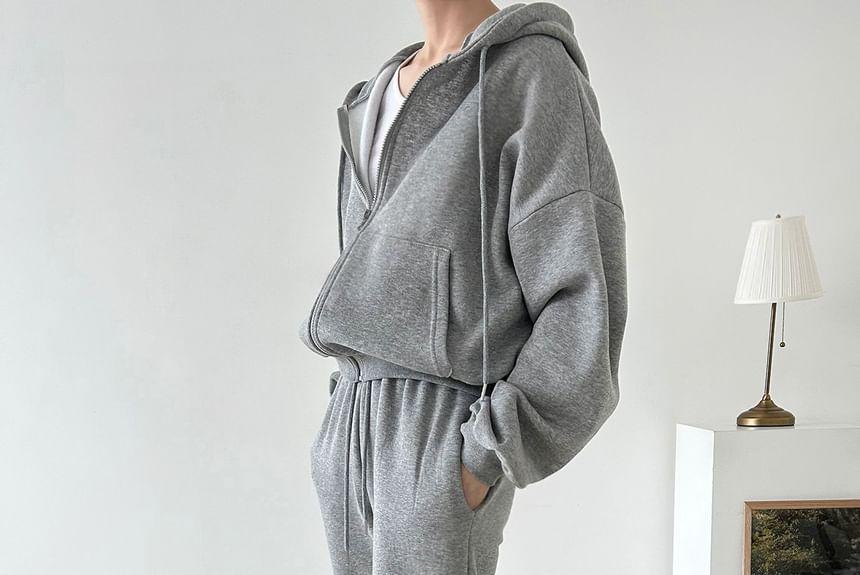 Set: Plain Zip-Up Hooded Jacket + Elastic Waist Sweatpants Product Image