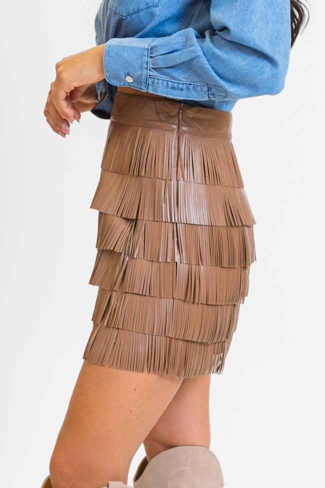 Follow Your Arrow Brown Faux Leather Fringe Skirt FINAL SALE Product Image