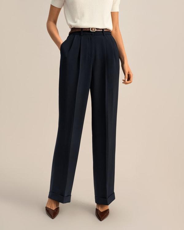 Timeless Pleated Wide-Leg Dense Silk Trousers Product Image