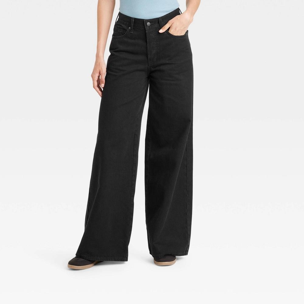 Womens Mid-Rise Super Wide Leg Jeans - Universal Thread Black 2 Product Image