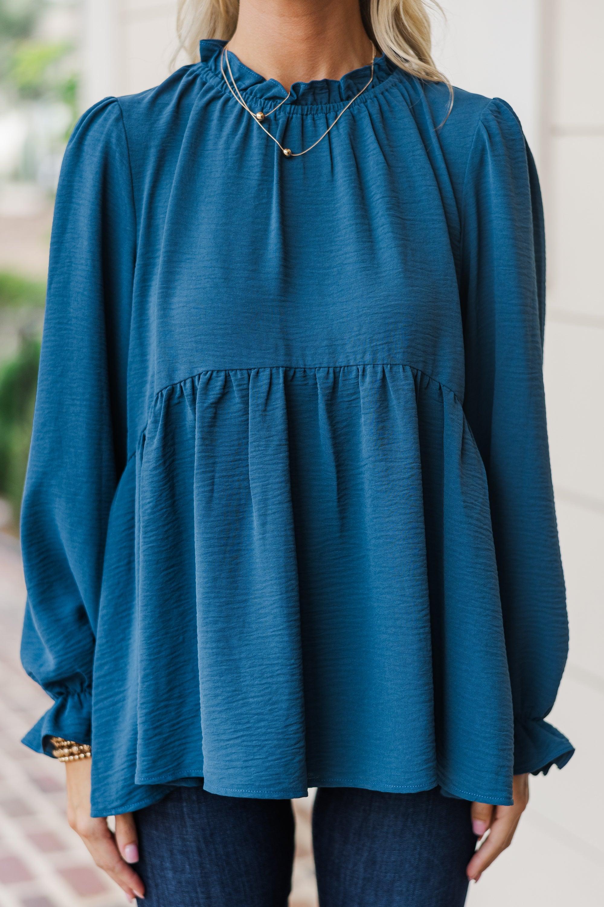 Making Moves Teal Blue Ruffled Blouse Female Product Image