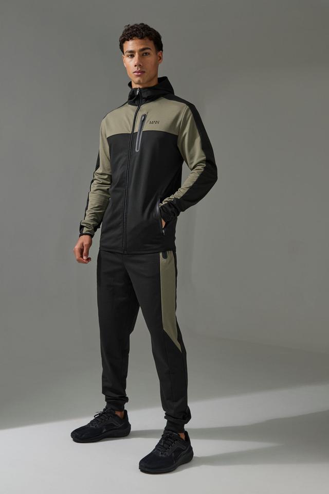 Mens Green Active Colour Block Funnel Hooded Tracksuit, Green Product Image