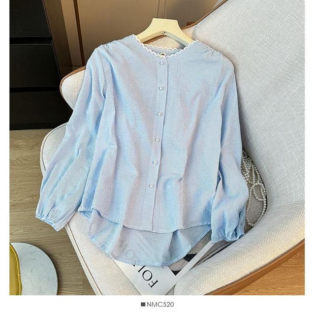 Dip-Back Lace-Trim Striped Round-Neck Loose Shirt Product Image