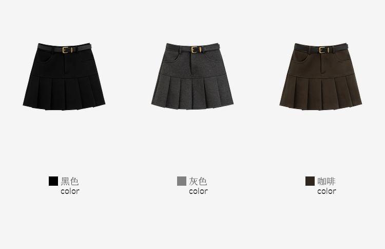 Set: High Rise Plain Mini Pleated Skirt + Belt Product Image