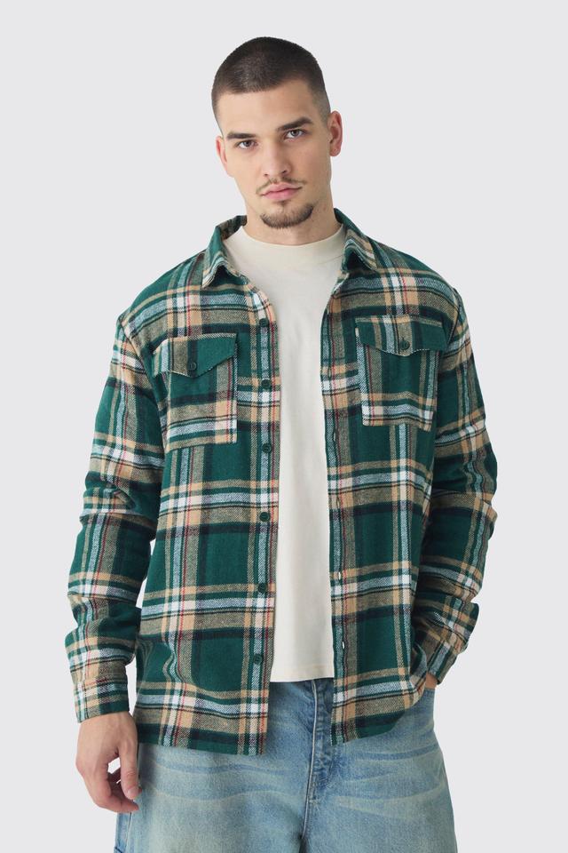 Mens Green Tall Oversized Forest Large Scale Brushed Checked Shirt, Green Product Image