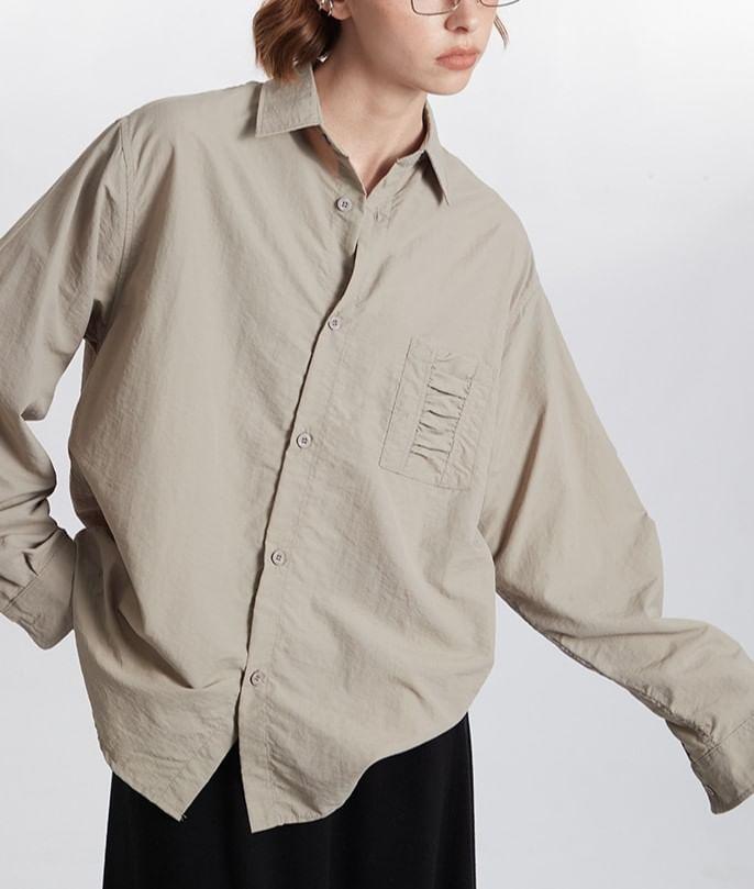 Long Sleeve Collared Plain Oversized Shirt Product Image