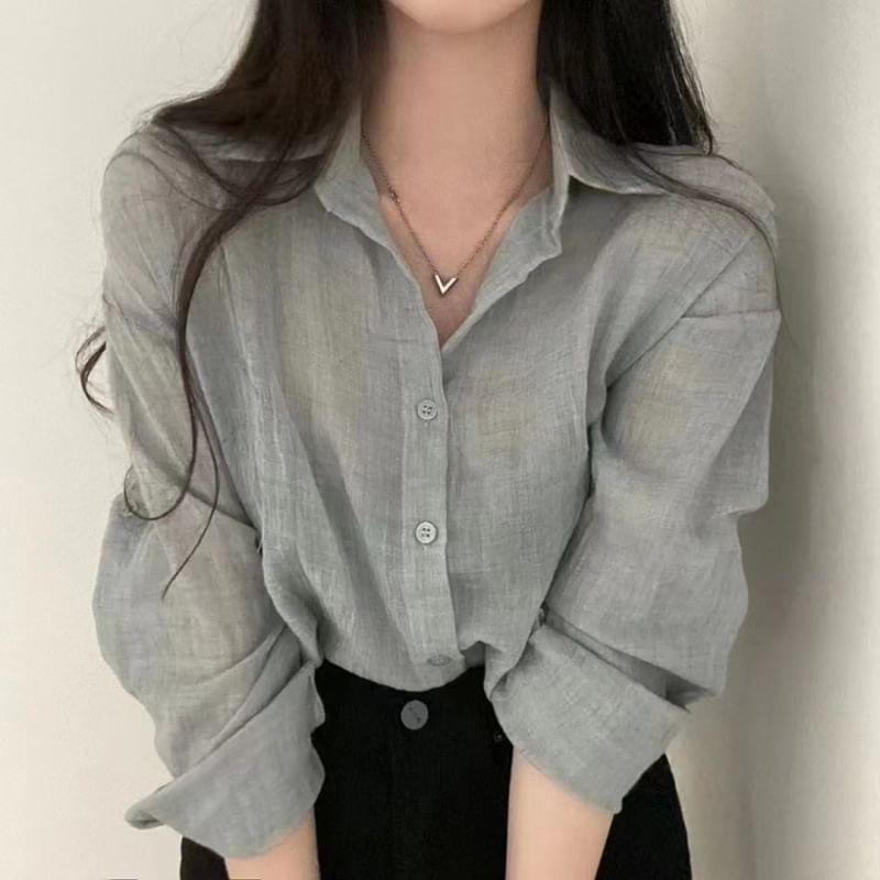 Long-Sleeve Collared Plain Shirt Product Image