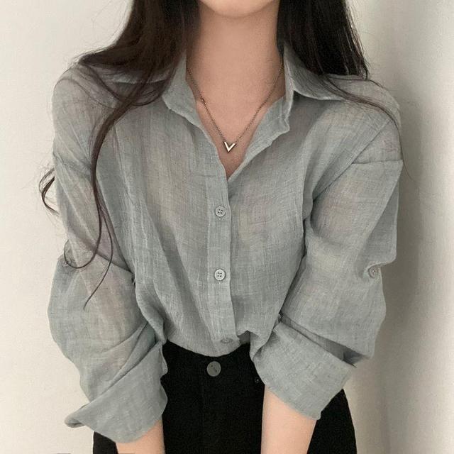 Long-Sleeve Sheer Cropped Shirt Product Image