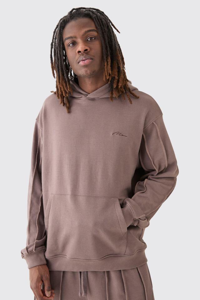 Oversized Raw Seam Man Signature Embroidered Hoodie | boohooMAN USA Product Image