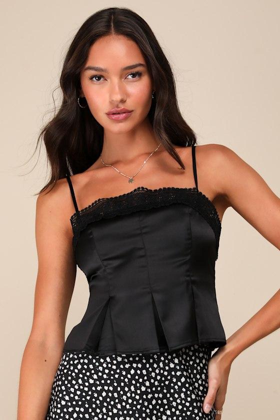 Chic Trend Black Satin Pleated Cropped Lace Cami Top Product Image