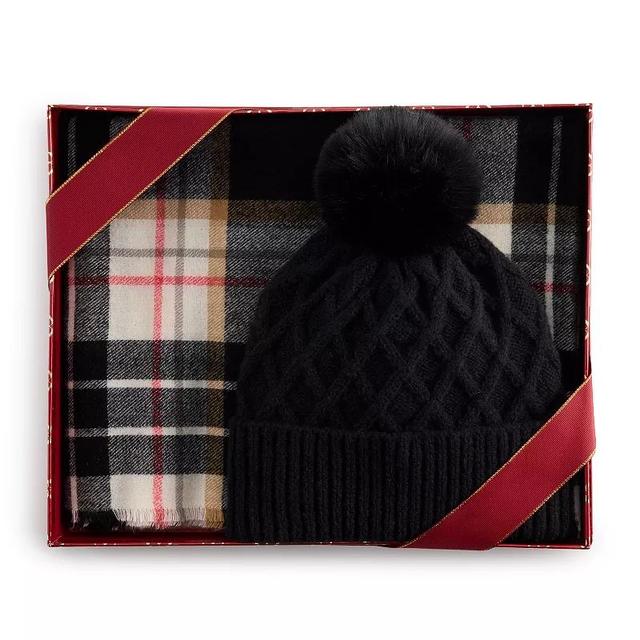 Womens Nine West Classic Plaid Scarf & Diamond Stitch Beanie Hat Gift Set Product Image