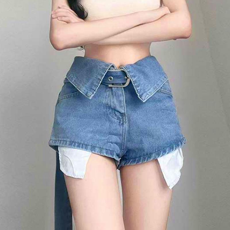 High Waist Belted Plain Denim Shorts Product Image