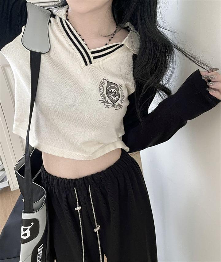 Long-Sleeve Collared Print Striped Trim Raglan Crop Tee Product Image