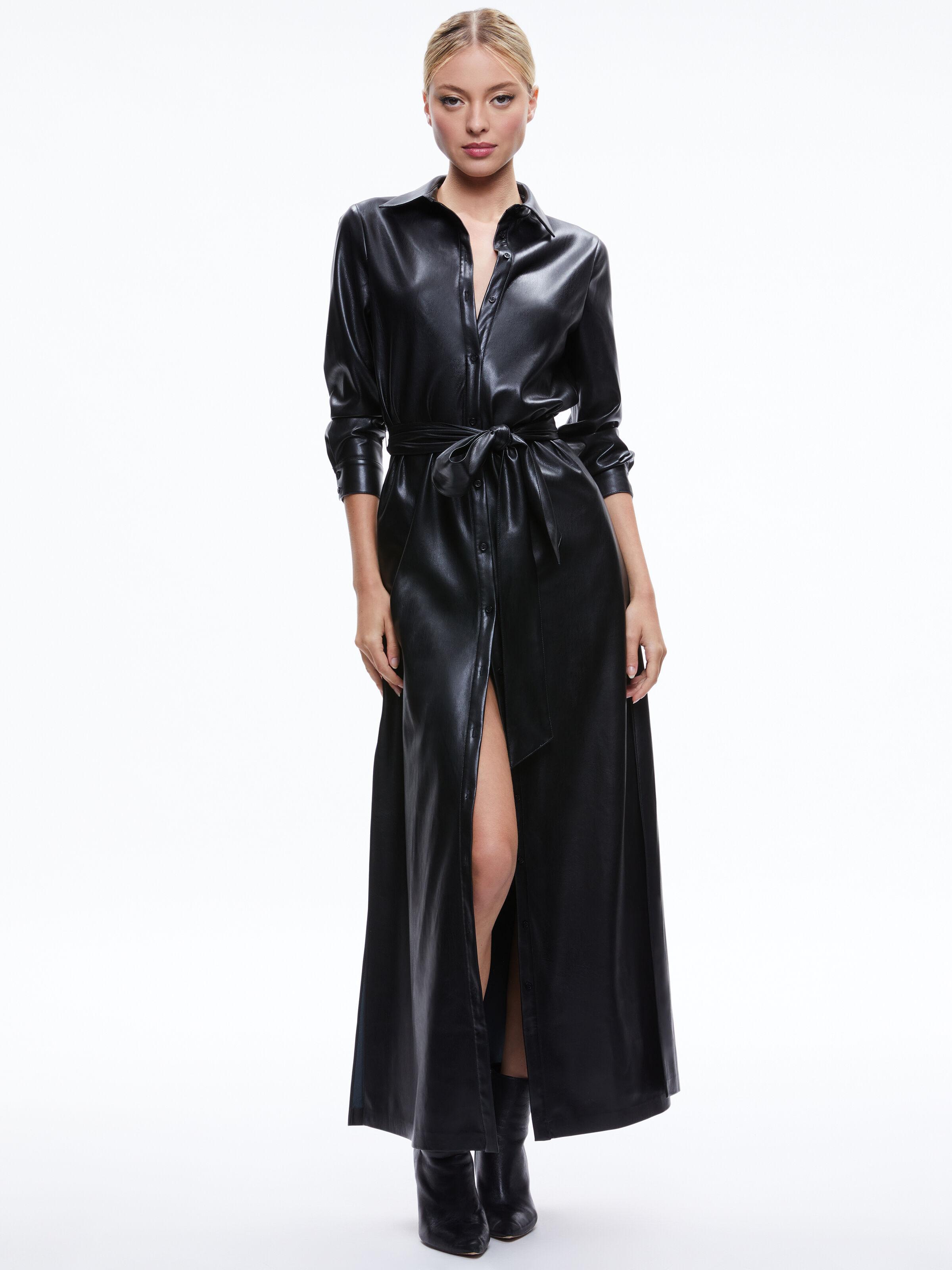 ALICE AND OLIVIA Chassidy Vegan Leather Maxi Shirt Dress In Black Product Image