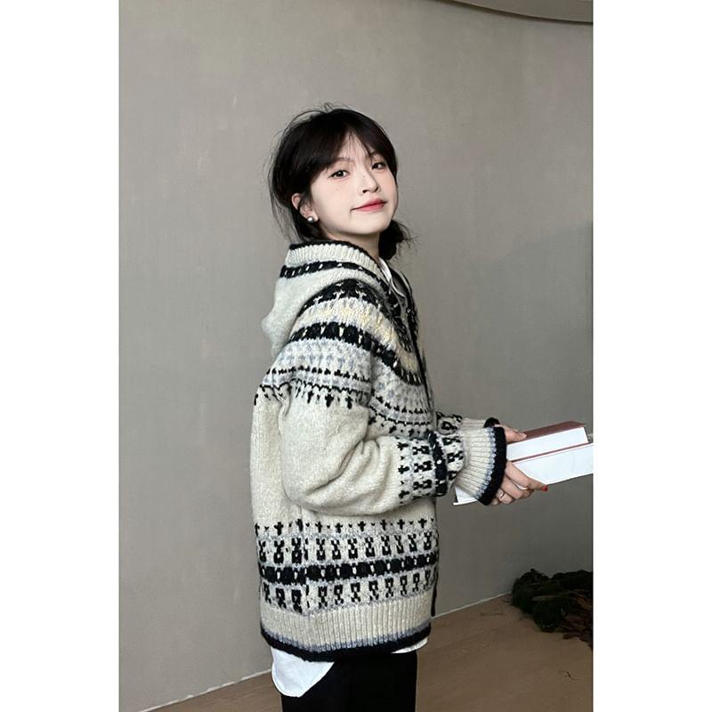 Patterned Hooded Button-Up Cardigan Product Image