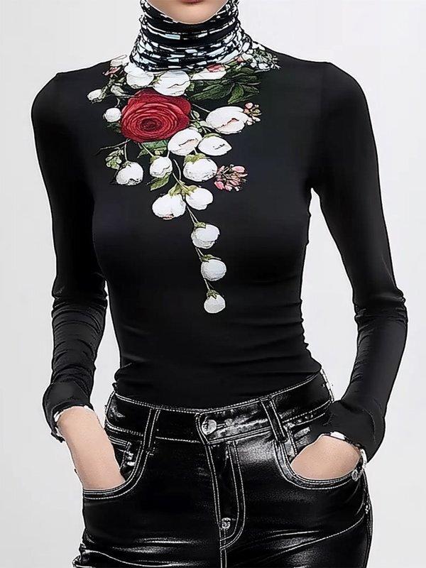 Long Sleeves Skinny Flower Print Split-Joint High Neck T-Shirts Tops Product Image