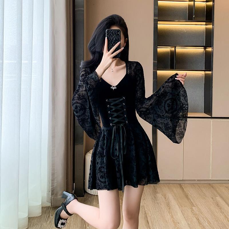 Bell-Sleeve Jacquard Panel Lace-Up Velvet Panel Mini A-Line Dress Product Image