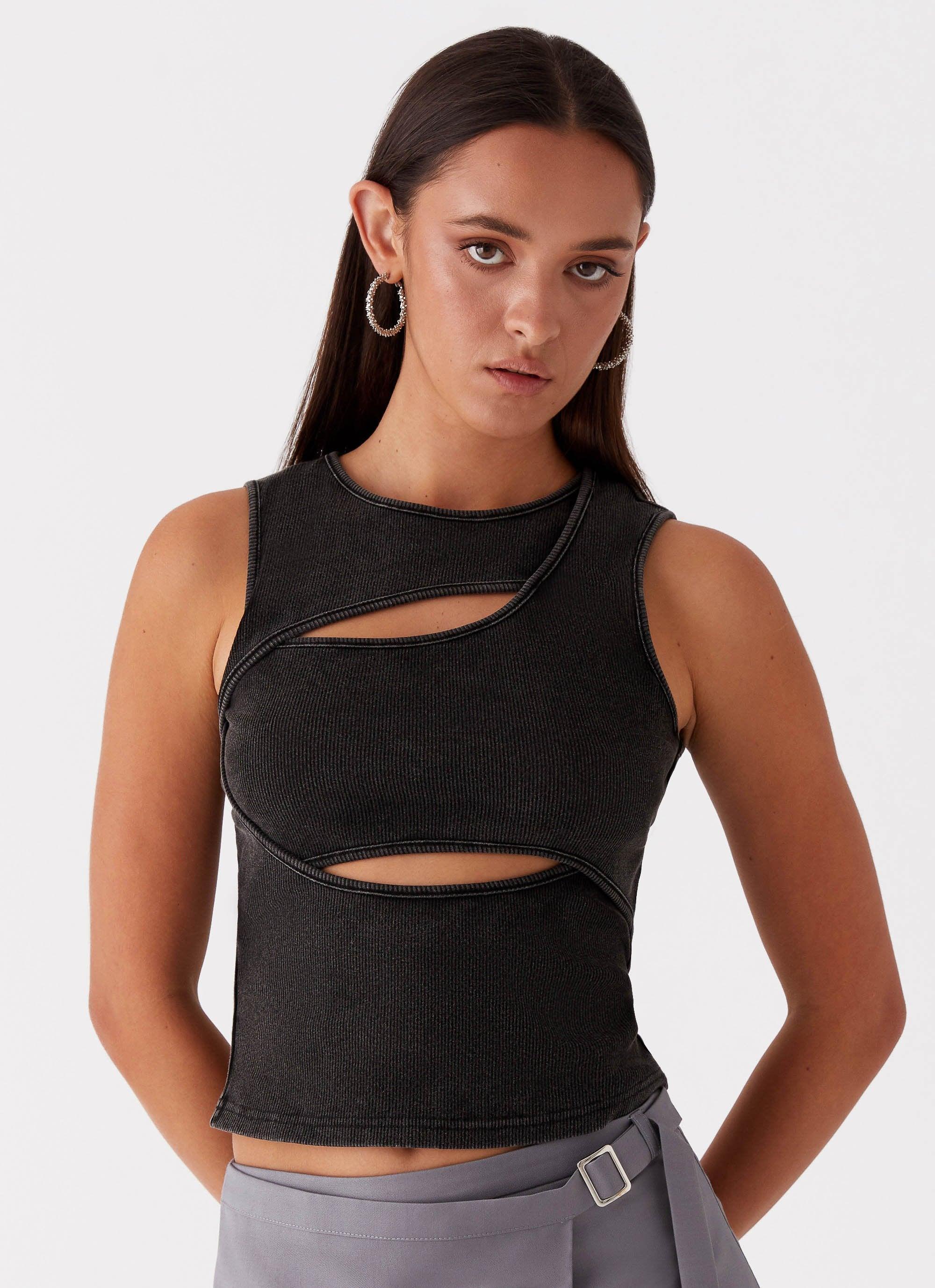 Beyond Cut Out Ribbed Top - Charcoal Product Image