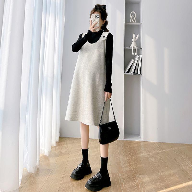 Maternity Long-Sleeve Mock Neck Plain Knit Top / Sleeveless Scoop Neck Pinafore Dress Product Image