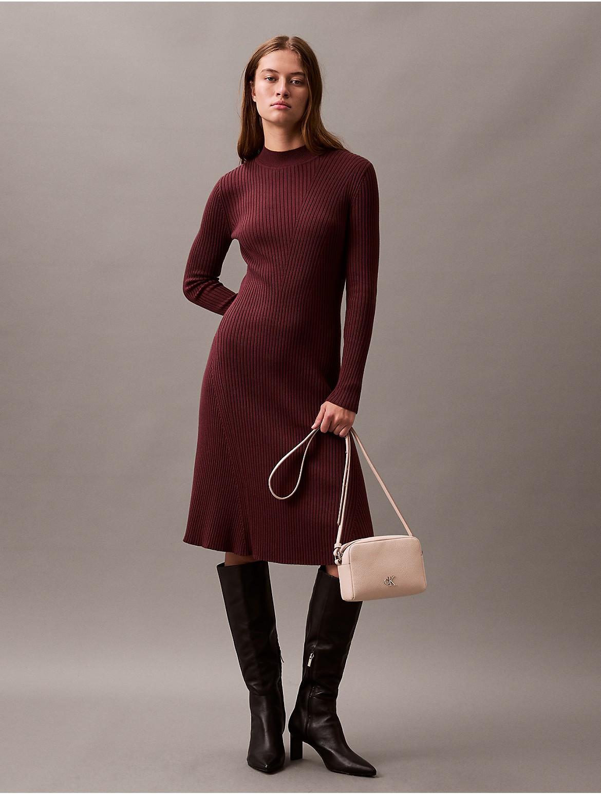 Calvin Klein Womens Smooth Cotton Rib Mock Neck Sweater Dress - Brown - XS Product Image