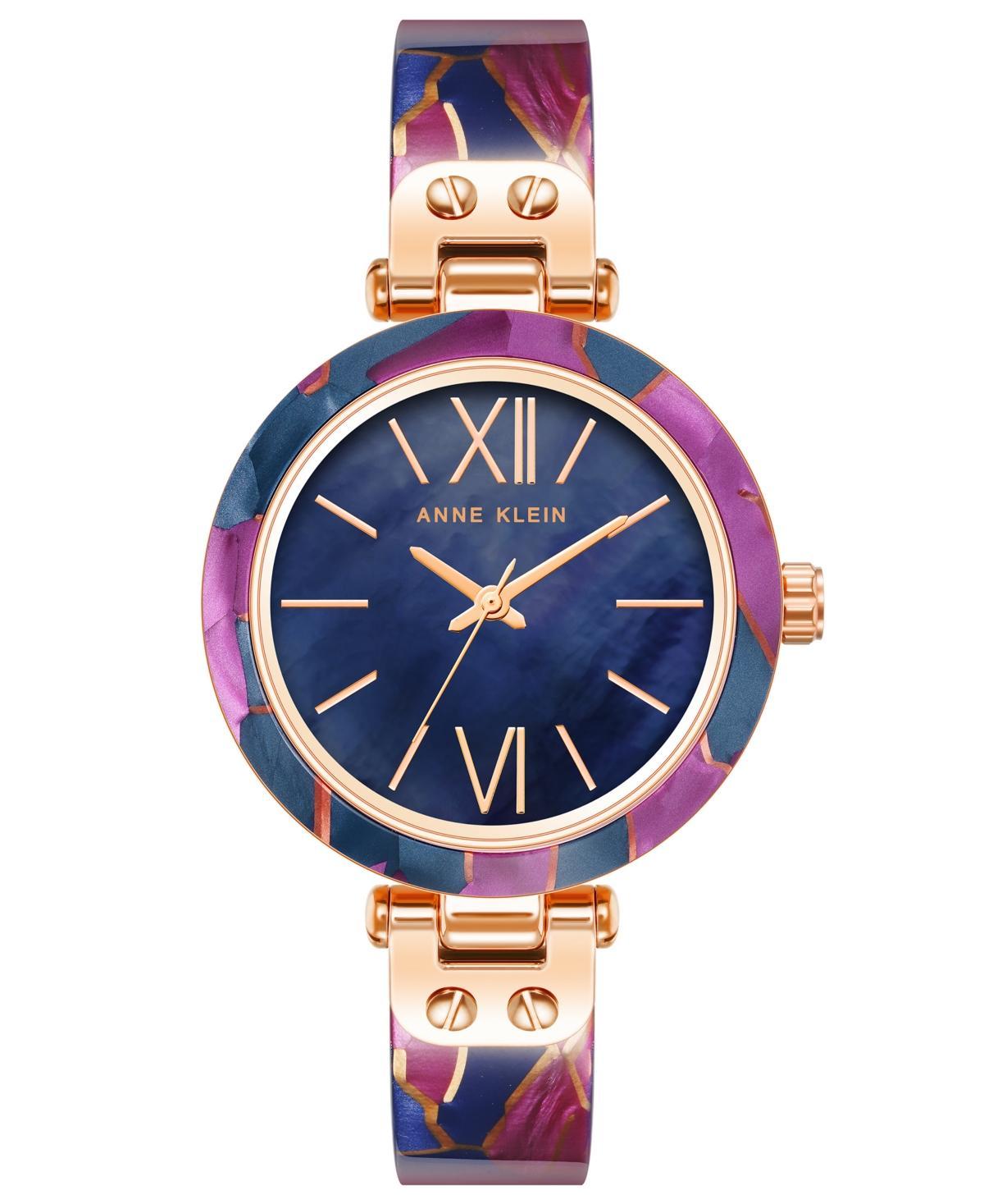 Anne Klein Womens Three-Hand Quartz Navy and Purple Resin with Rose Gold-Tone Alloy Accents Bangle Watch, 34mm - Rose Gold-Tone, Navy Product Image