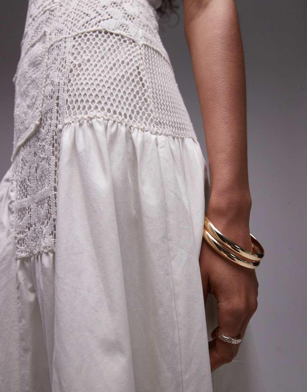 Topshop premium sleeveless eyelet midi dress with removable lining in ivory Product Image