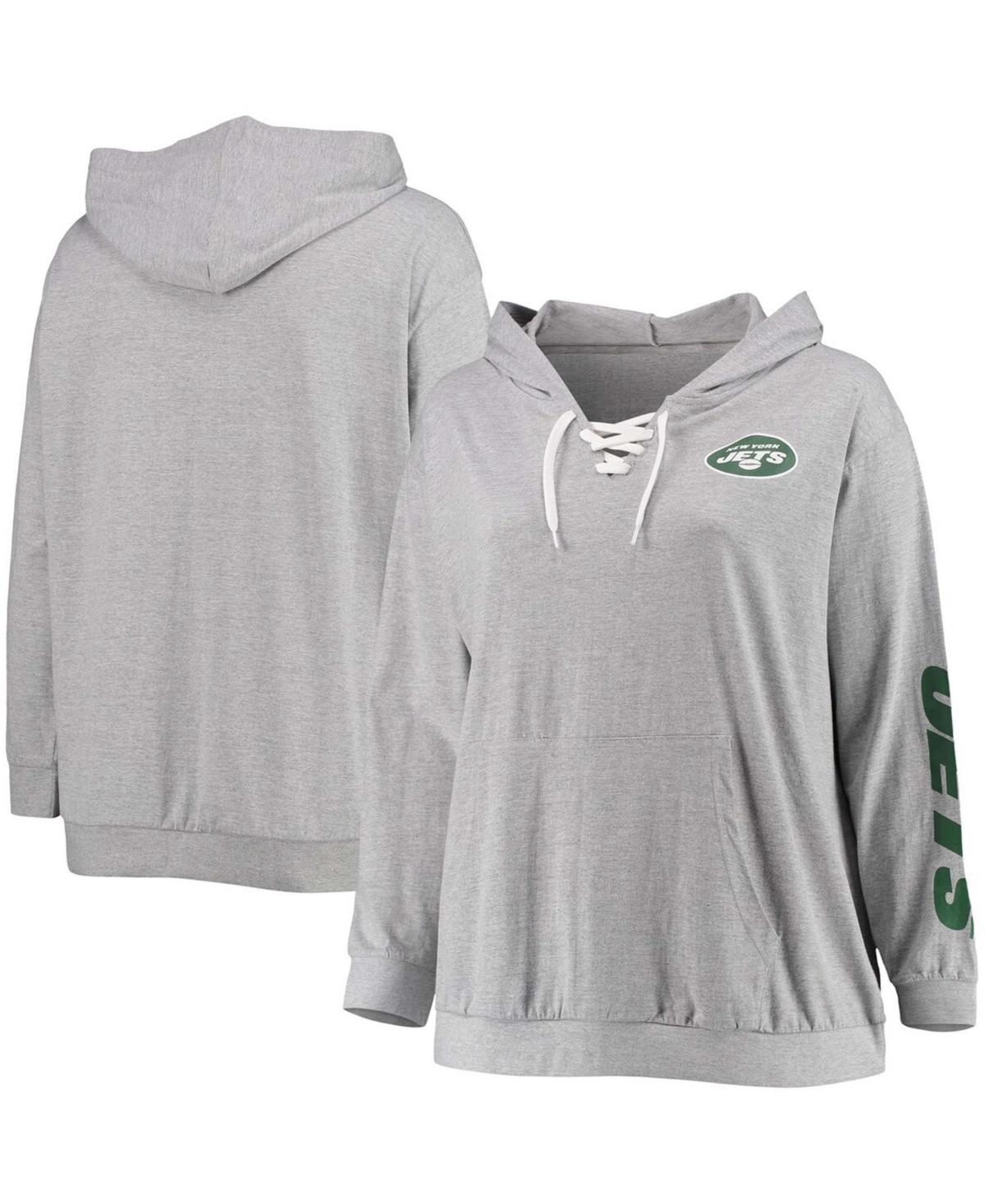 Womens Fanatics Branded Heathered Gray New York Jets Plus Size Lace-Up Pullover Hoodie Product Image