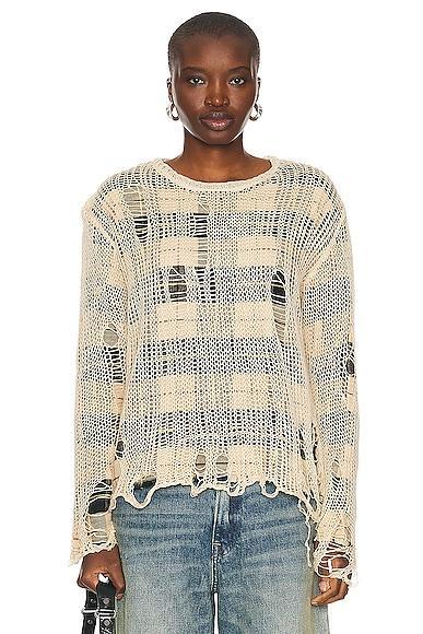 R13 Overlay Distressed Relaxed Crewneck in Cream On Black & Beige Plaid - Beige. Size XS (also in ). Product Image