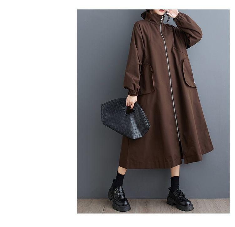 Stand Collar Plain Zip-Up Long Trench Coat Product Image