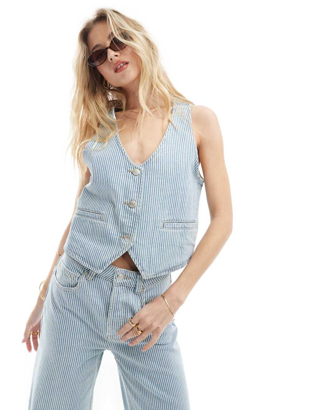 ASOS DESIGN denim vest in light blue stripe -set Product Image