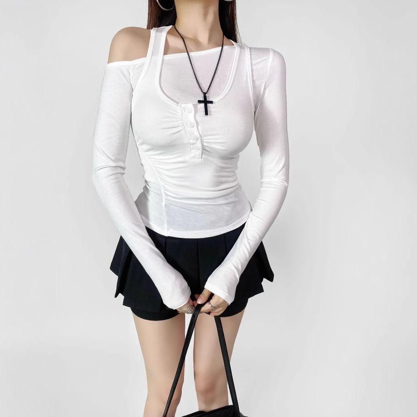 Set: Long-Sleeve One-Shoulder Plain Tee + Henley Ruched Tank Top Product Image