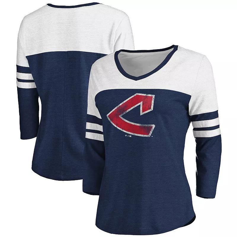 Womens Fanatics Branded Heathered Navy/White Cleveland Indians Two-Toned Distressed Cooperstown Collection Tri-Blend 3/4-Sleeve V-Neck T-Shirt Product Image