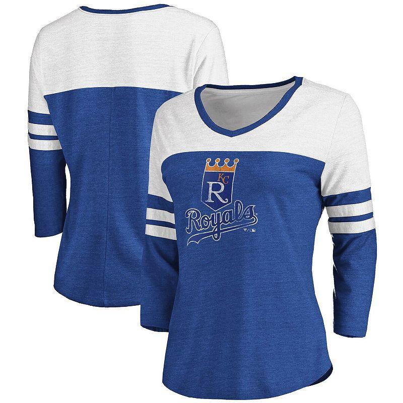 Womens Fanatics Branded Heathered Royal/White Kansas City Royals Two-Toned Distressed Cooperstown Collection Tri-Blend 3/4-Sleeve V-Neck T-Shirt Product Image