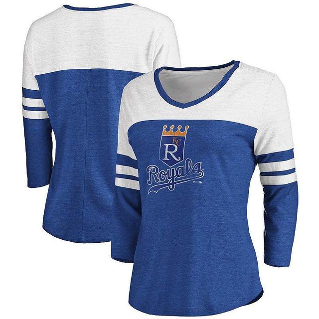 Women's Fanatics Branded Heathered Royal/White Kansas City Royals Two-Toned Distressed Cooperstown Collection Tri-Blend 3/4-Sleeve V-Neck T-Shirt Product Image