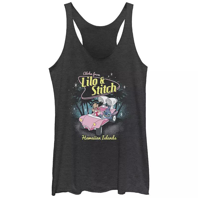 Disneys Lilo & Stitch Womens Aloha from Hawaiian Islands Car Tri-Blend Racerback Tank Top, Girls Black Grey Product Image