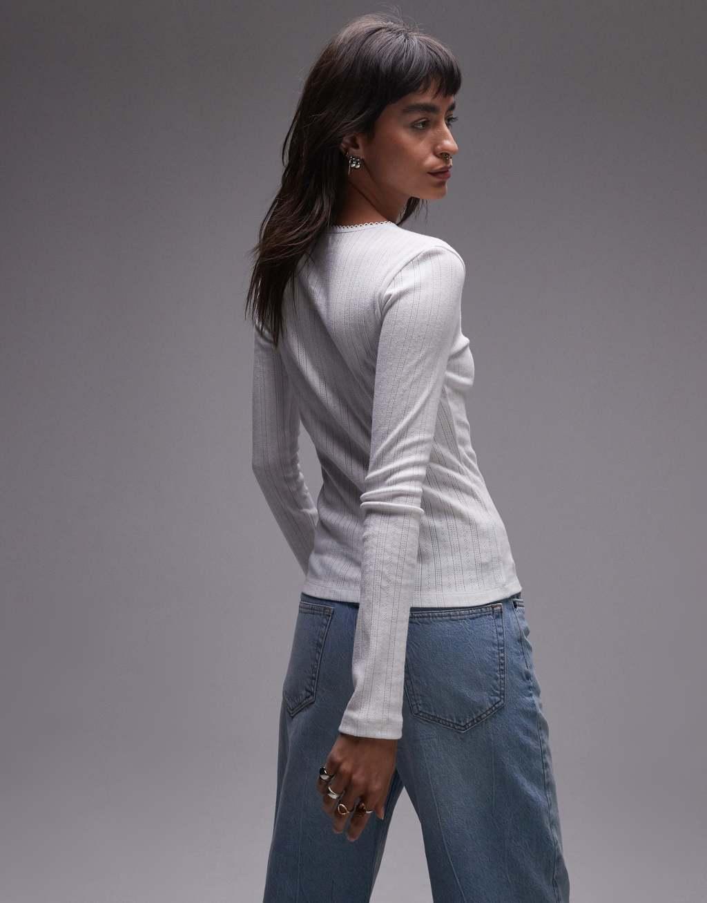 Topshop picot trim pointelle long sleeve top in white Product Image